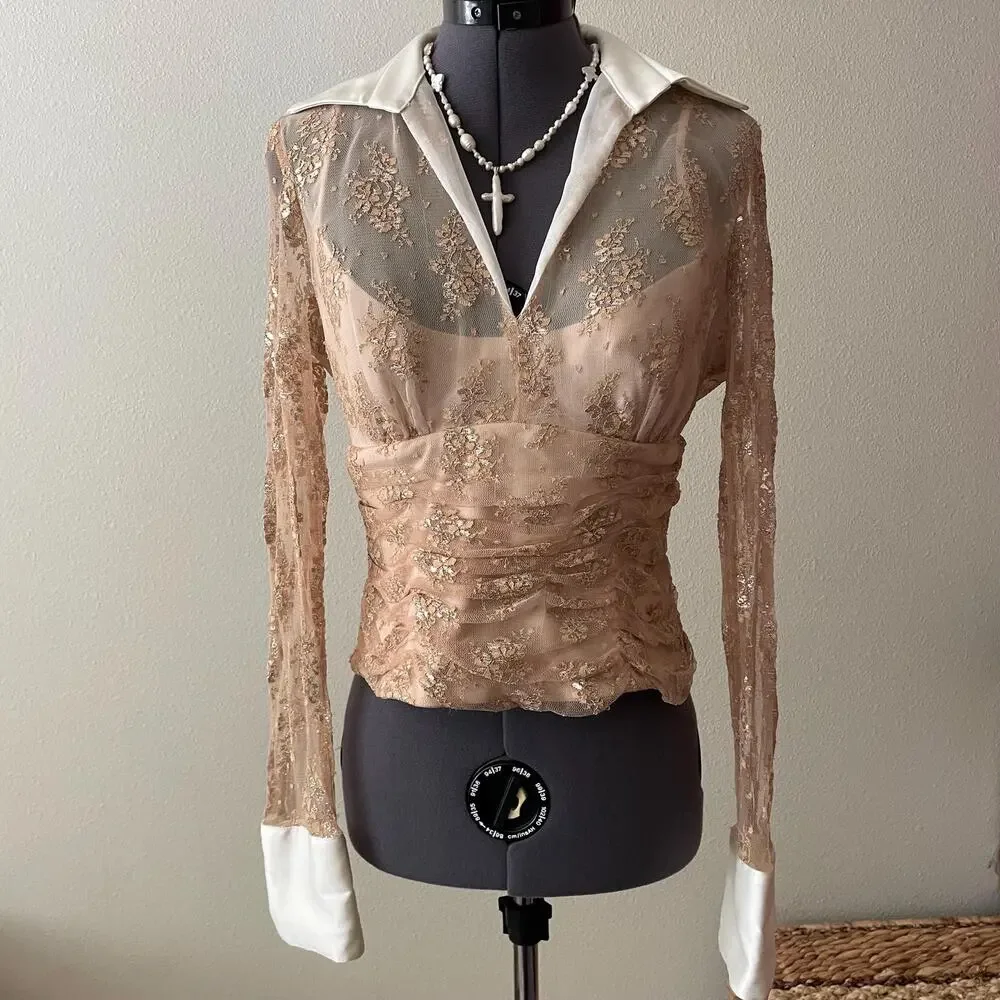 90s vintage gold lace sheer long sleeve collared top glam it girl - Picture 2 of 9
